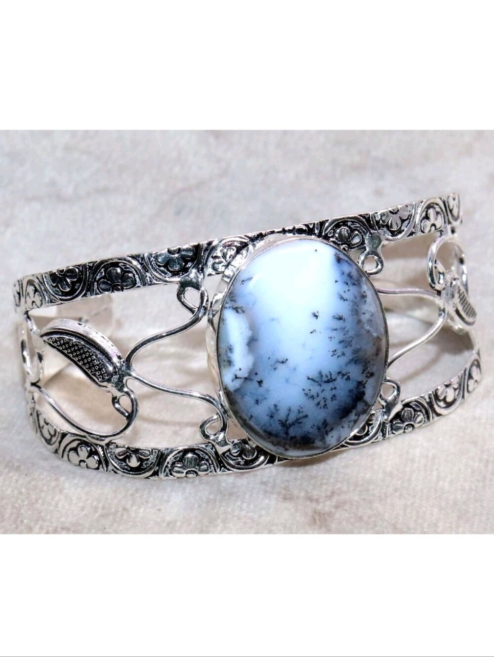 Marine Blue Dendritic Opal Gemstone 925 Sterling Silver Adjustable Cuff Bracelet